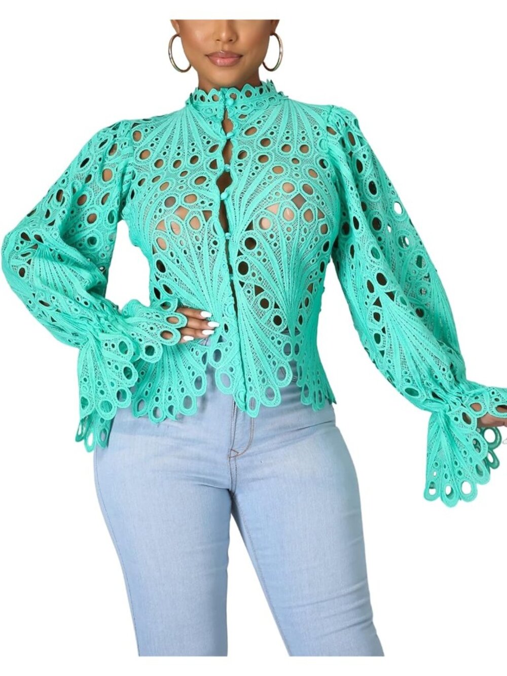 🆕Women’s Mint Green Lace Ruffle Puff Long Sleeve Button Down Tops Flare Tunic